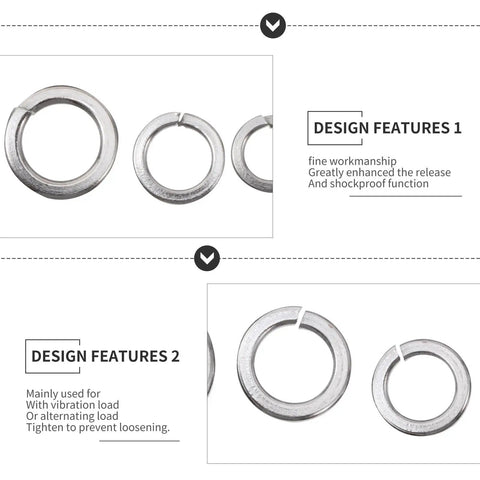 Stainless Steel Spring Lock Washer Kit, Silver Finish, design features for heavy duty and vibration load fastening.