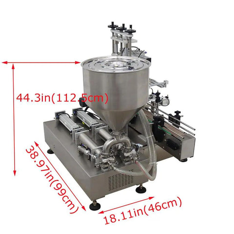 Heavy Duty Automatic Paste Filling Machine With Integrated Conveyor Belt And Dual Piston Nozzles 50L Hopper side view with measurements