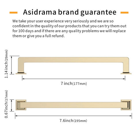 Slick Heavy Duty 10 Pack 7 Inch Brushed Brass Cabinet Handles For Kitchen Cupboards And Drawers displayed with dimensions.