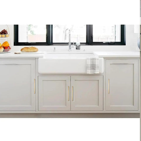 Heavy Duty Rock Solid 10 Pack Cabinet Drawer Pulls With Exact Six Inch Hole Spacing Crafted In Premium Brushed Gold Square Handles For A Kitchen Upgrade That Is A Total Game Changer on light grey cabinets with white farmhouse sink.