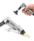 90 Degree Pneumatic Angle Die Grinder Cranking At 20000 Rpm With 2 Inch Grinding Disc, shown with brush attachment for metal fab