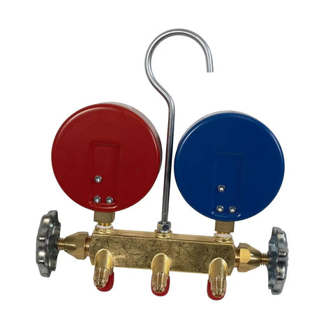Professional Two Valve Refrigerant Manifold Gauge Set Featuring Polished Polycarbonate Faces, red and blue gauges with brass body.