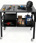 Heavy-Duty Mobile Welding Table With Foldable Side Panels For Factory And Garage Use, Steel Workbench On Wheels, Black Finish