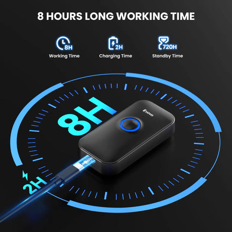 Ultra Compact 1D Bluetooth Barcode Scanner With Three In One Connection Bluetooth USB Wired And Two Point Four GHz Wireless For Windows Android iOS Tablets And Computers Portable Pocket Size On The Go showing charging time on display