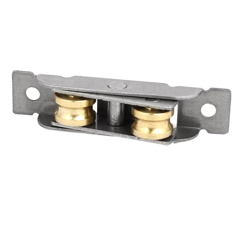 Heavy Duty Replacement Sliding Door Window Sash Pulley Wheels For Slick Slide Operation Dual Roller Setup Cuts Down On Dragging Frames Tough Brass And Stainless Steel Housing Comes In A 4 Piece Set, showing a dual roller pulley.