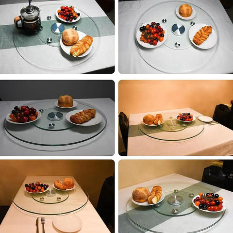 Extra Large Round Glass Lazy Susan Turntable with food items arranged on plates atop a rotating tray.