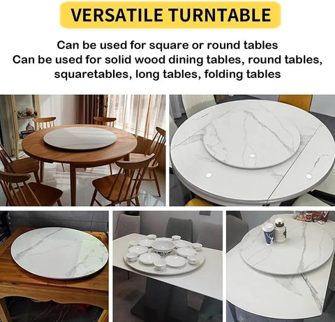 Hella Durable 40 Inch Lazy Susan Rotating Serving Tray Cut From Thick Sintered Stone With A Smooth As Butter 360 Swivel Design That Is Truly A Kitchen Game Changer For Big Family Gatherings In Clean Black on various tables.
