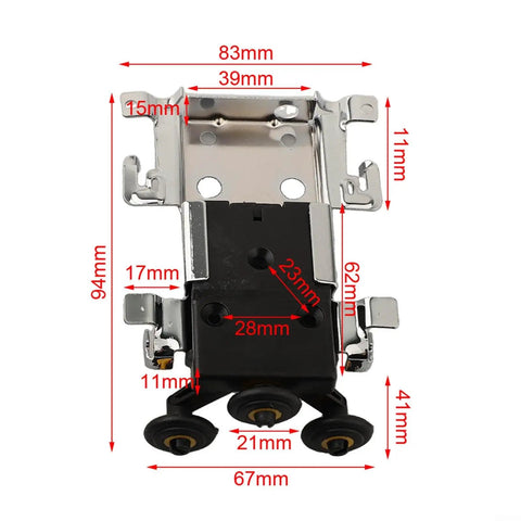 Smooth Gliding Sliding Door Pulley Roller For Old Wooden Doors And Wardrobes With Durable Nylon Wheel Iron Shell Heavy Duty Track Hardware No Sweat Setup, close-up of iron pulley assembly with nylon wheels, dimensions labeled.