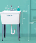 Dimensions of White Utility Sink With Pull Out Chrome Faucet And Sprayer For Laundry Room Basement Garage Or Shop, Heavy Duty.