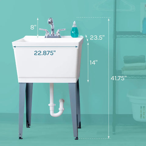 Dimensions of White Utility Sink With Pull Out Chrome Faucet And Sprayer For Laundry Room Basement Garage Or Shop, Heavy Duty.