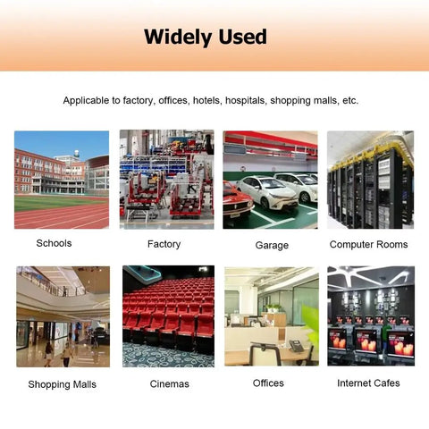 Image showing diverse locations including schools, factories, garages, computer rooms, shopping malls, cinemas, offices, and internet cafes.