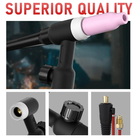 Close-up of Lift TIG Torch WP-17V 150 Amp 13 Ft Air Cooled TIG Welding Torch with pink gas cup and quick plug connector.