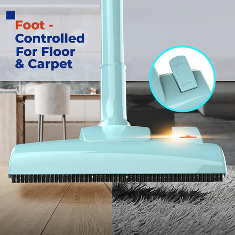 Corded Stick Vacuum Cleaner 450W, Lightweight 2-In-1 shown on floor and carpet, highlighting foot-controlled feature.
