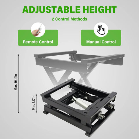 Rock Solid Electric Scissor Lift Table 130 Pound Capacity Adjustable Hydraulic Lifting Platform With Wireless Remote showing adjustable height options and control methods.
