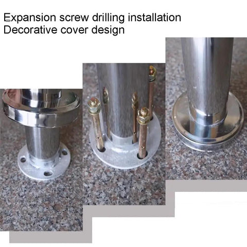 Rock Solid Heavy Duty Metal Swing Safety Gate floor mount installation detail with expansion screws and decorative cover design.