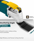 Close-up of Hardworking 28 Piece Oscillating Multi Tool with 3-degree oscillating angle for precise cutting.