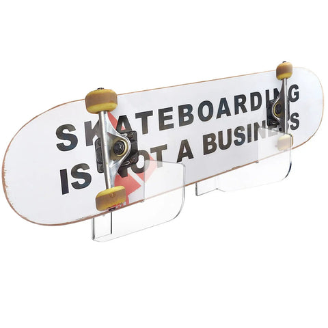 4 Pack Premium Clear Acrylic Skateboard Wall Mount Racks Heavy Duty Display Hooks for Longboard Snowboard and Deck Gear Keep The Floor Clear Sick Room Setup with skateboard mounted.