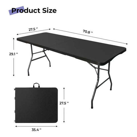 Heavy Duty 6 Foot Folding Table Portable Plastic Fold In Half for Indoor Outdoor Use with Carrying Handle size dimensions