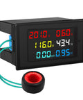 Six In One AC Meter Multimeter With Digital LCD Monitor Voltage 80 To 300V Current 0 To 100A Active Power Energy Frequency Power Factor In One Panel Volt Amp Watt Detector Readout showing digital readouts and wiring.