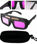 Rugged No Nonsense Laser Safety Glasses Equipped With Auto Darkening Lens Tech to Shield Eyes, with pink lenses and sturdy black frame.