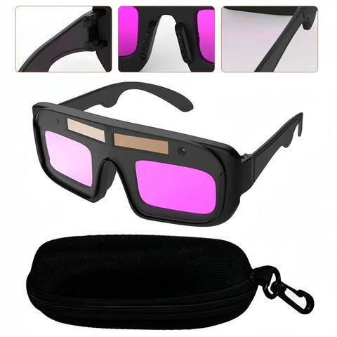 Rugged No Nonsense Laser Safety Glasses Equipped With Auto Darkening Lens Tech to Shield Eyes, with pink lenses and sturdy black frame.