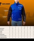 Front view of model wearing DVALIN Hybrid FR Leather Welding Jacket with leather sleeves and size chart overlay.