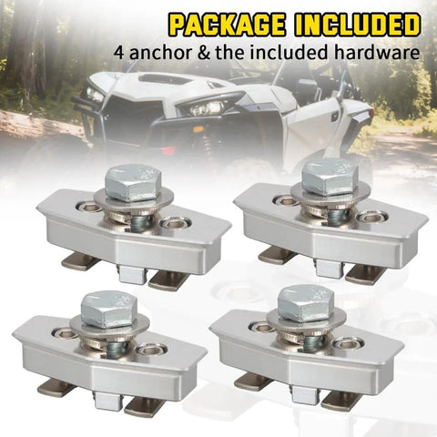 Four Pack ATV And UTV Anchor Tie Down Anchors Compatible With Can Am Sea Doo Ski Doo Convert Factory Holes Into Threaded Bolt Holes For Easy Secure Mounting Of Gear To Your Ride Quick Top Mount Installation In Seconds No Plastic Removal Required shown with included hardware package.