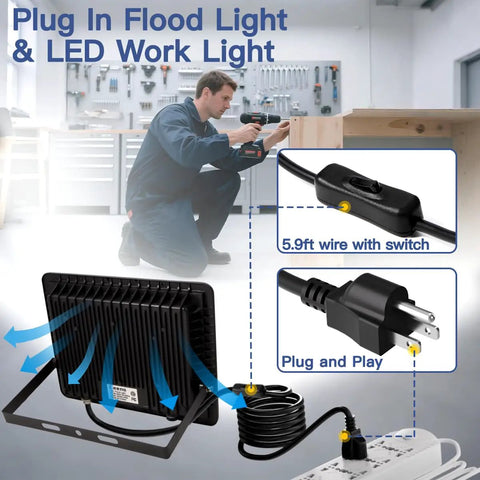 Two Pack 240W LED Flood Light Outdoor, 24000 Lumens, IP66 Waterproof, Plug In With Switch And 5.9ft Wire, 6000K Daylight setup