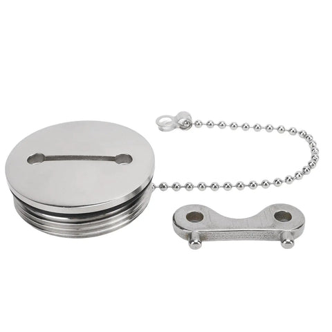 2 Inch Boat Fuel Tank Cap With Key, 316 Stainless Steel Polished Deck Fill Cap For Yachts, Caravans, RVs and Trucks, shown with chain