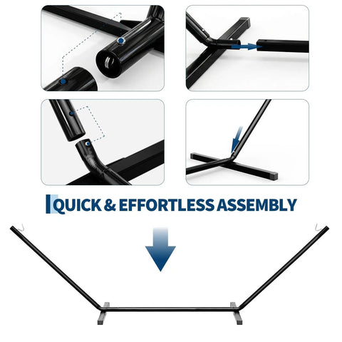 12 Ft Outdoor Hammock Stand Built From Heavy Duty Steel For Two People With Hooks And Chains 450 Lbs Capacity Portable Black Ideal For Patio Backyard Or Garden Easy Setup Weatherproof And Sturdy Comfort assembly diagram
