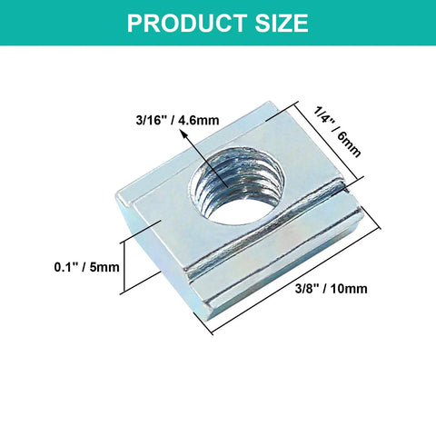 Top Shelf Sliding T Nuts M5 Thread 50 Pack For 2020 Aluminum Extrusion Profiles showing dimensions of a carbon steel T-nut.