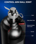 Control arm ball joint showing alloy steel construction, rubber dust cover, and detailed internal components for durability.
