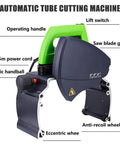 Pro Automatic Pipe Cutting Machine For Copper, PVC And Thin Stainless Tubes with labeled features including handle and switch.