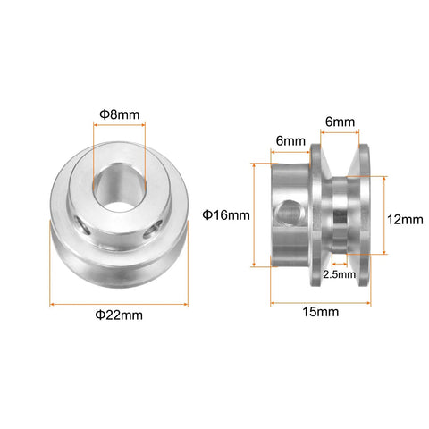 Heavy Duty Aluminum V Type Pulley Single Groove With Rock Solid 8mm Bore And Smooth 22mm Outer Diameter Plug And Play Ready For 3 To 5mm PU Round Belts On Motor Shafts 2 Pack close-up showing dimensions and smooth finish.