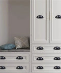 36 Piece Set Of Sleek Black Cup Drawer Pulls Featuring Vintage Half Moon Hardware For Kitchen Cabinets And Baths With A Heavy Duty Rust Resistant Finish That Delivers Dope Everyday Performance on white kitchen cabinetry.
