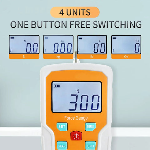 Hard Core Digital Force Gauge Push Pull Meter And Handheld Dynamometer with 4 unit display options for precision testing.