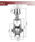 Gator Tough 304 Stainless Steel Universal Groove Wheel With Spring Shock Absorption For Smooth Gate Rolling And Industrial Track Swaps size dimensions diagram