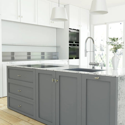 Modern kitchen with gray cabinets featuring 10 Pack Brushed Nickel Cabinet Knobs and Silver Gold Knobs for Cabinets and Drawers