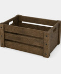 Three Pack Extra Large Rustic Wooden Crates For Display And Storage Farmhouse Style Nesting Boxes with handles in dark wood.