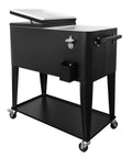 Portable Rolling Cooler Cart On Wheels With Shelves For Outdoor Parties Patio Deck Backyard Bbq Bar Beverage Service 80 Quart Ice Chest With Bottle Opener And Locking Casters Black front view