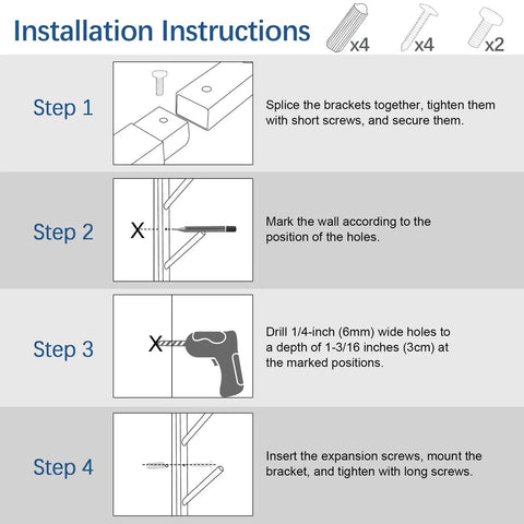 Installation instructions for Heavy Duty Carbon Steel 4 Layer Skateboard Wall Mount Rack Snowboard Ski Display Holder.