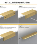 Installation instructions for Straight Up Durable Gold Cabinet Drawer Pulls For Kitchens And Dressers in four steps.