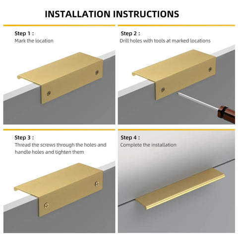 Installation instructions for Straight Up Durable Gold Cabinet Drawer Pulls For Kitchens And Dressers in four steps.