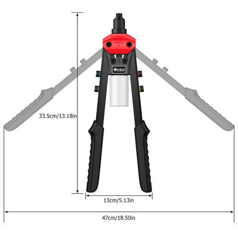 Boss Level Heavy Duty Manual Pop Rivet Gun Kit Featuring 200 Rugged Aluminum Rivets Plus Five Swap Out Nozzles dimensions and design view.