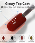 No Wipe Gel Top Coat Clear 15Ml High Gloss Scratch Resistant applied to a glossy red nail for a durable finish.