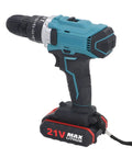Heavy Duty Cordless Electric Drill Kit With Two 21V Lithium Batteries And Quick Swap Chuck side view on a white background.