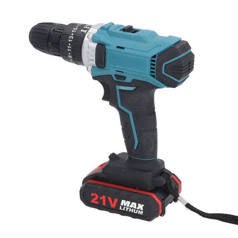 Heavy Duty Cordless Electric Drill Kit With Two 21V Lithium Batteries And Quick Swap Chuck side view on a white background.