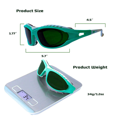 Heavy Duty Laser Protective Glasses Delivering Kickass Eye Safety For Salon Professionals, showcasing size and weight specifications on a scale.