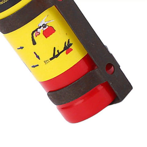 Legit Mini Fire Extinguisher Toy For Rc Cars Featuring A Dope Lifelike Design. Miniature red and yellow fire extinguisher with black mount.