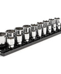 One Half Inch Drive Shallow Six Point Socket Set With Rails And Tray, 19-Piece From Three Eighths Inch To One And One Half Inch on tray